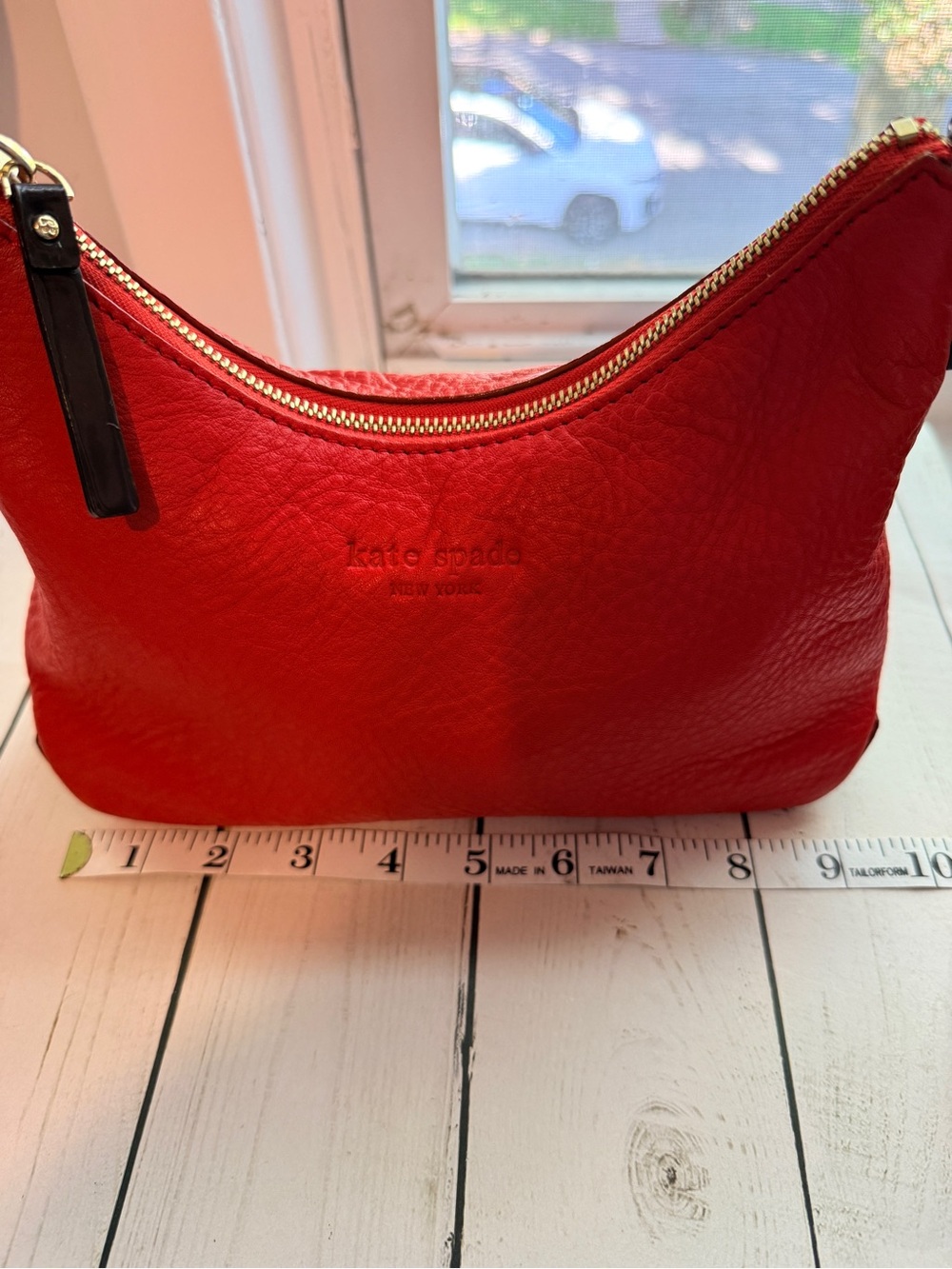Kate Spade | Red Pebbled Leather Mini Hobo Bag with Black/Brown Patent Trim - Picture 9 of 14